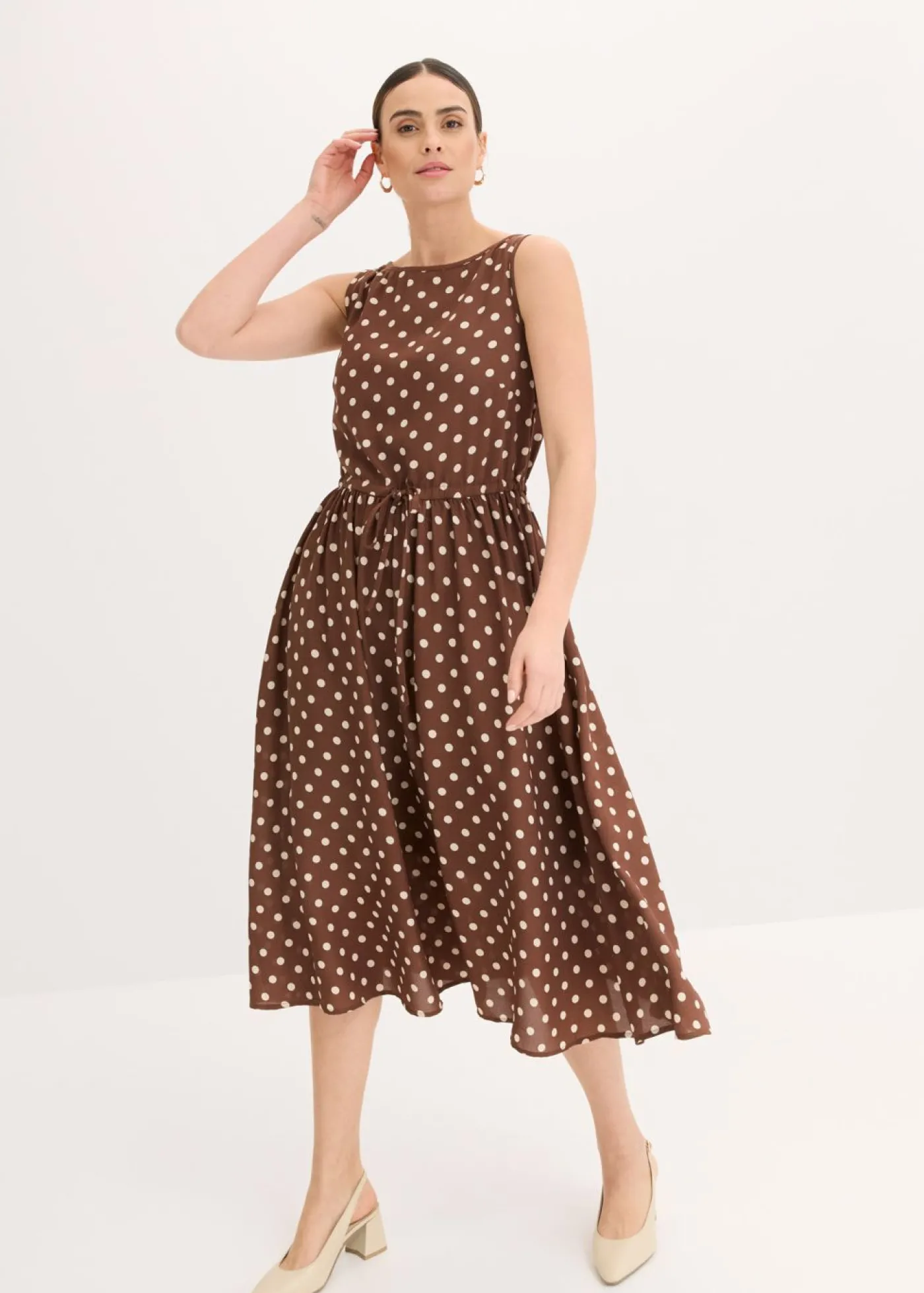 bonprix bonprix Vestido midi con cordón marrón claro/beige arena topos Sale
