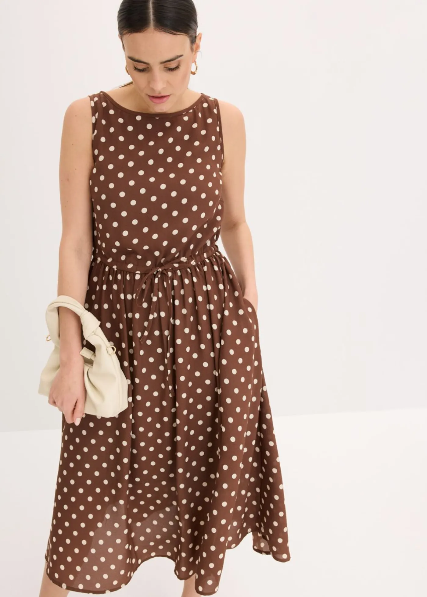 bonprix bonprix Vestido midi con cordón marrón claro/beige arena topos Sale