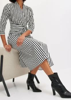 bonprix bonprix Vestido midi con cordón Blanco lana-negro de rayas