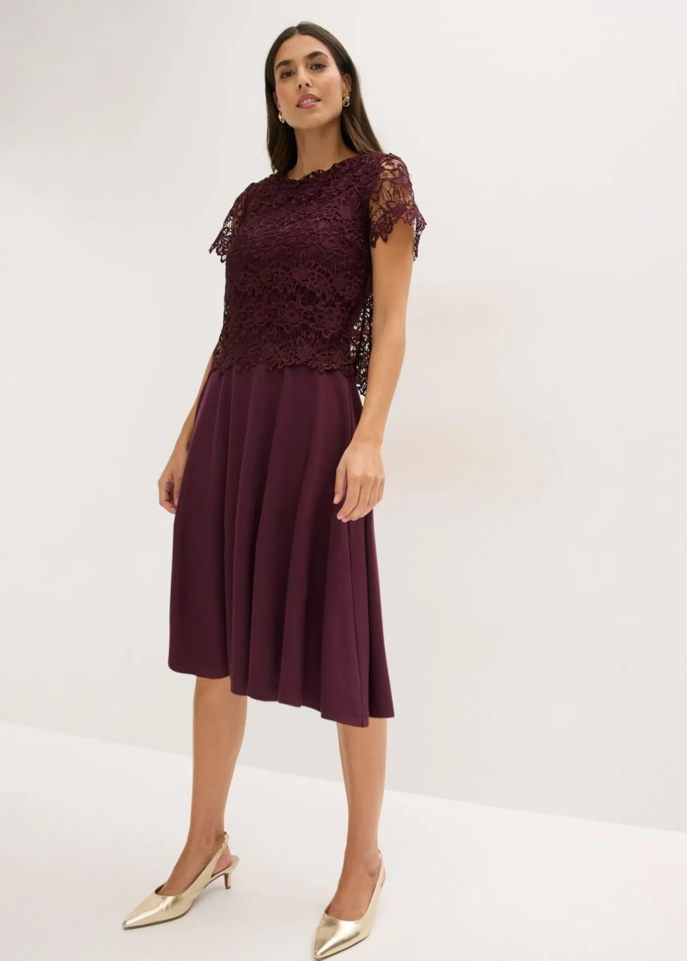 bonprix bonprix Vestido midi con encaje rojo burdeos Sale