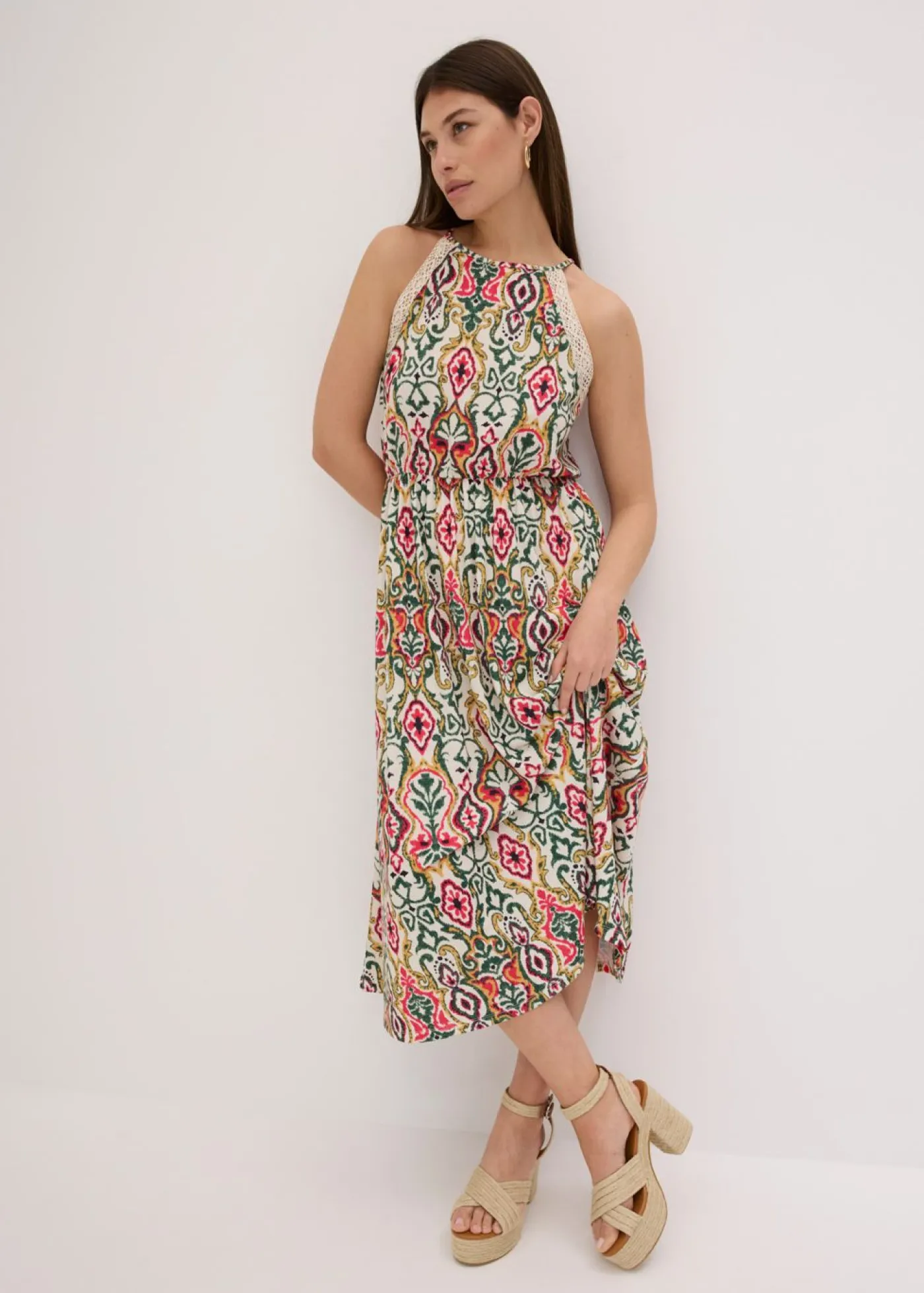 bonprix bonprix Vestido midi con encaje crema-verde-rosa caliente Clearance
