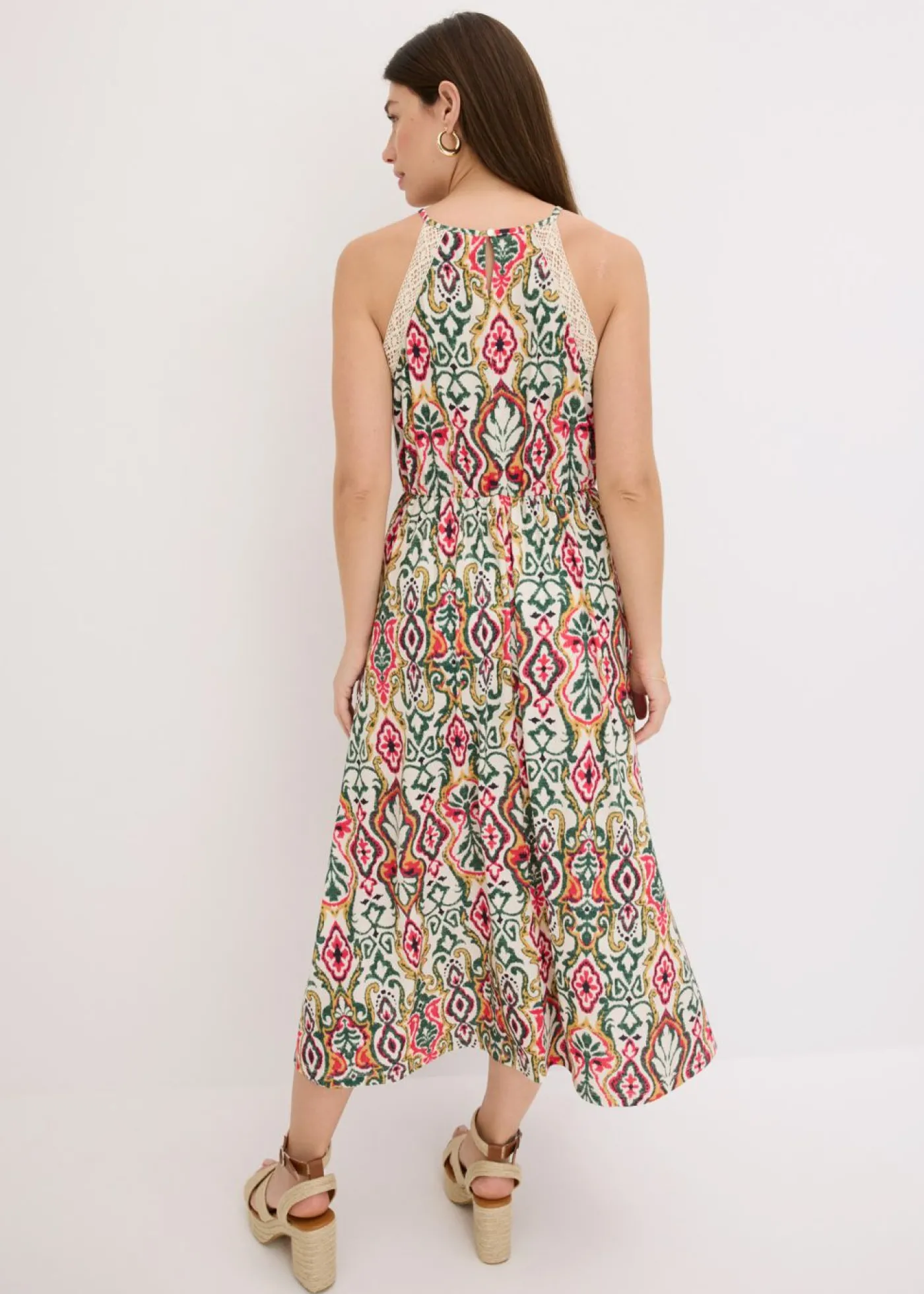 bonprix bonprix Vestido midi con encaje crema-verde-rosa caliente Clearance