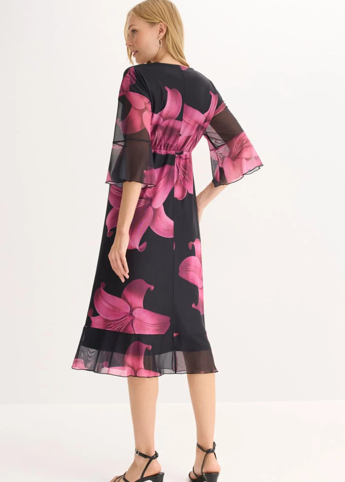 bonprix bonprix Vestido midi con escote pronunciado Negro-rosa Online