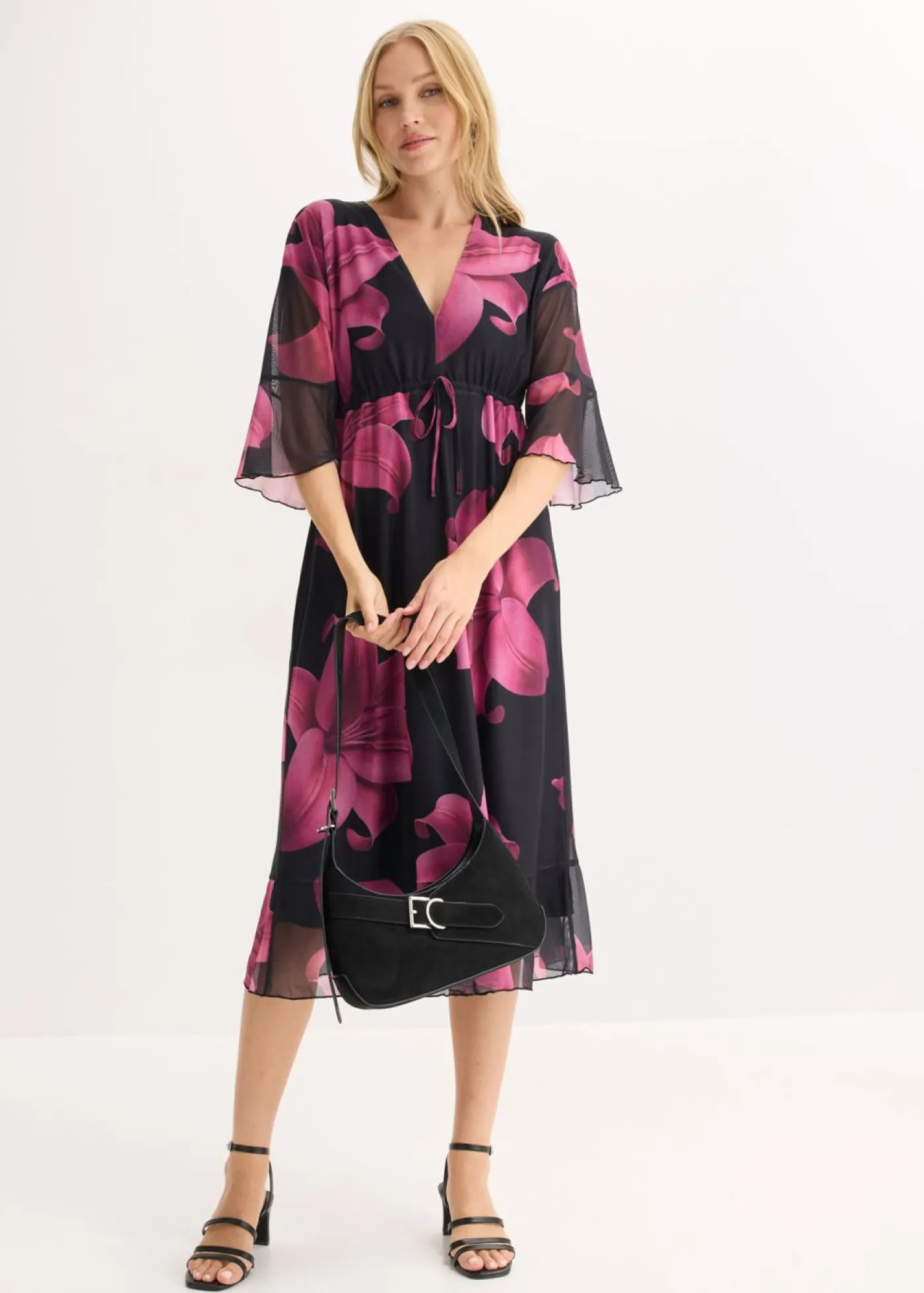 bonprix bonprix Vestido midi con escote pronunciado Negro-rosa Online