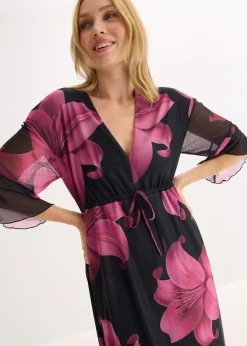 bonprix bonprix Vestido midi con escote pronunciado Negro-rosa Online