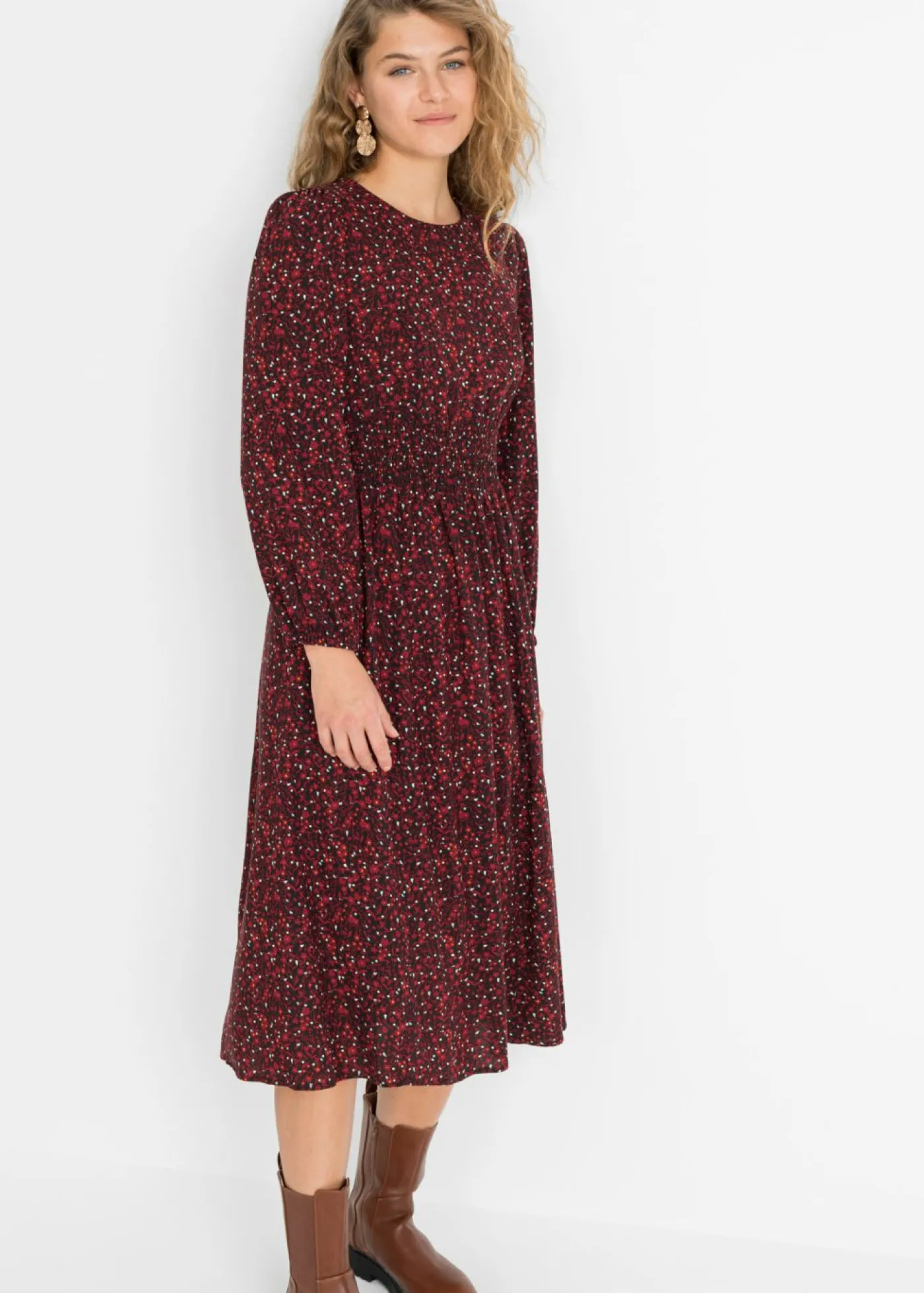 bonprix bonprix Vestido midi con estampado de flores Rojo castaño/negro de flores
