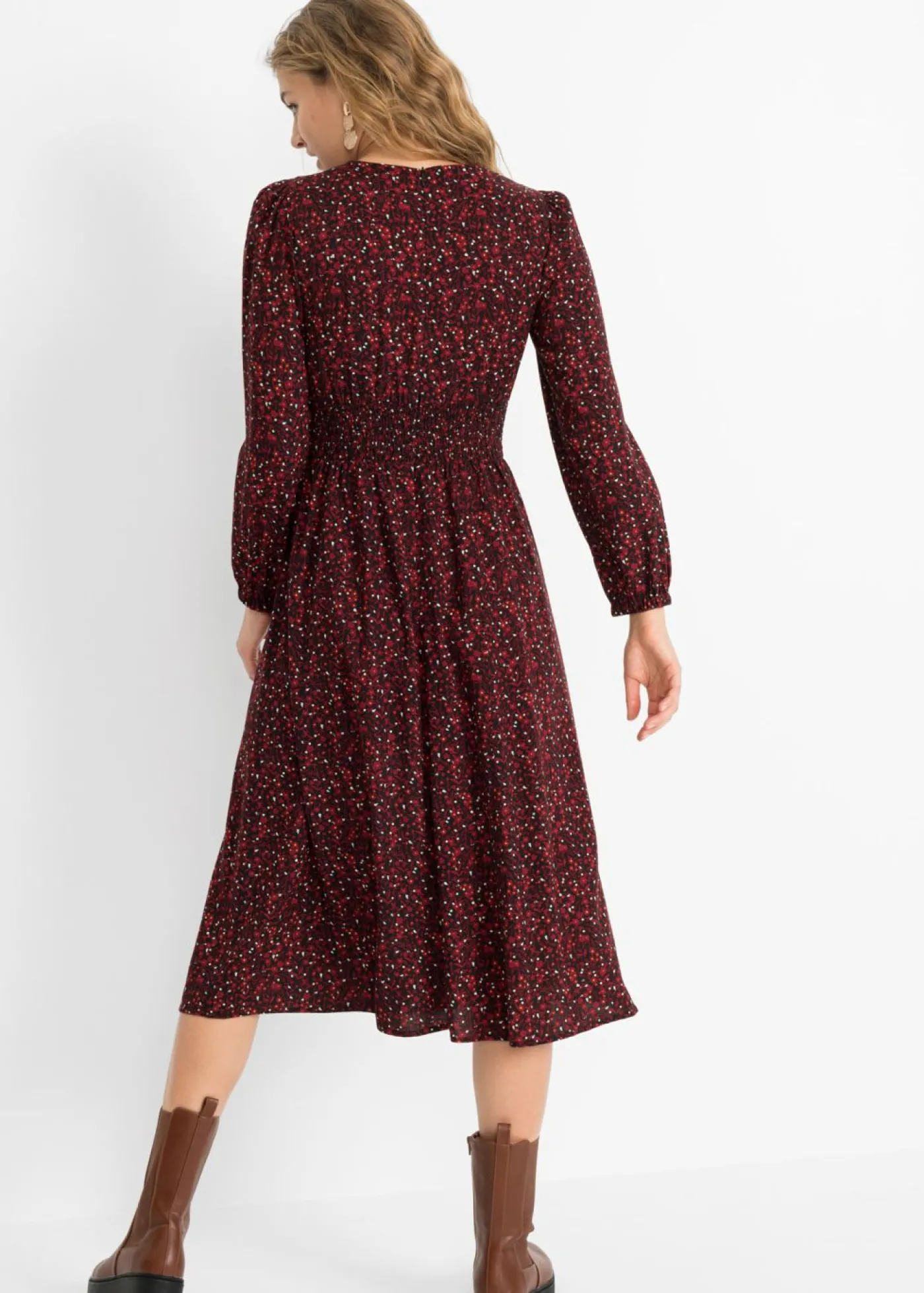 bonprix bonprix Vestido midi con estampado de flores Rojo castaño/negro de flores