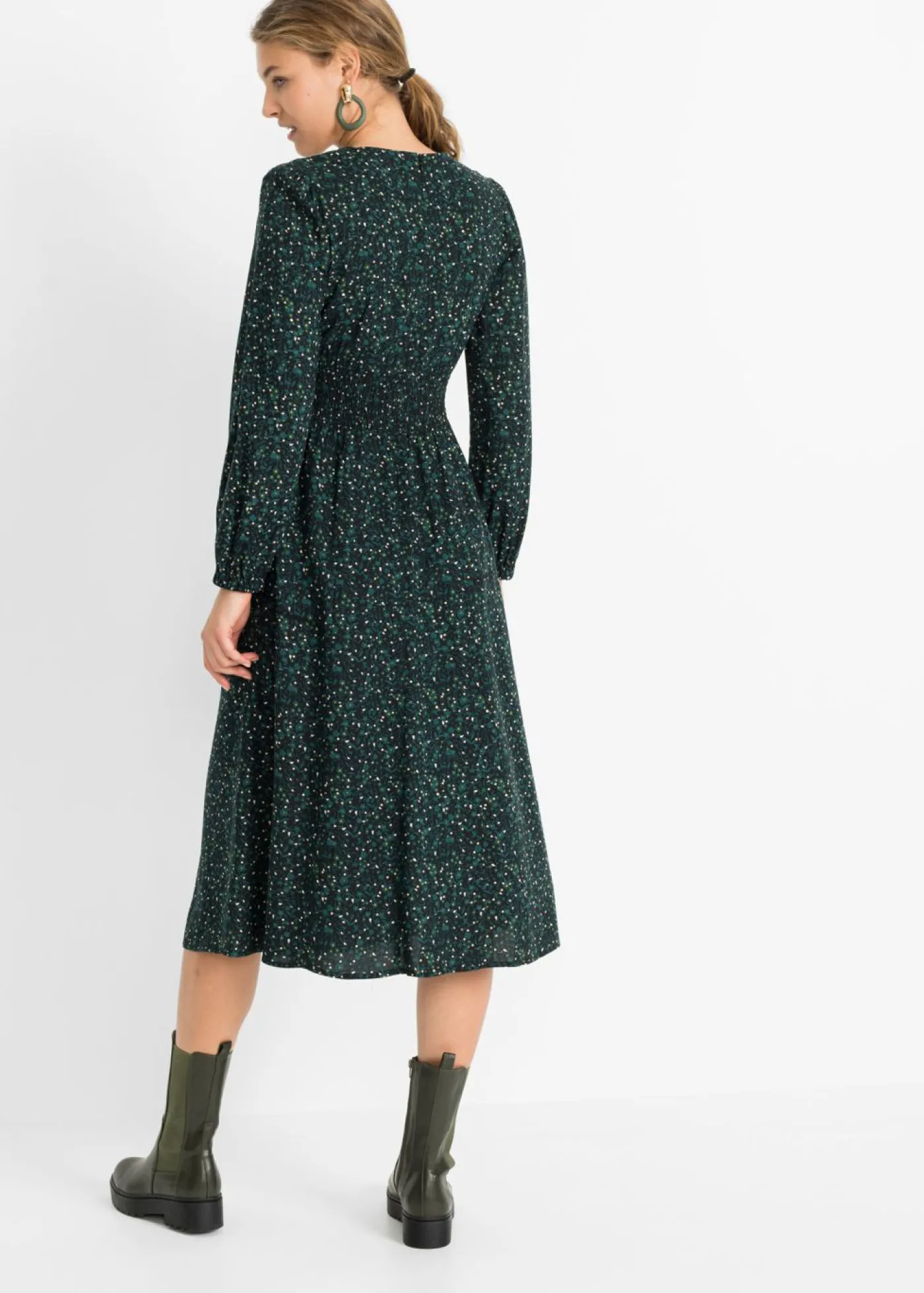 bonprix bonprix Vestido midi con estampado de flores Negro-verde petróleo de flores Sale