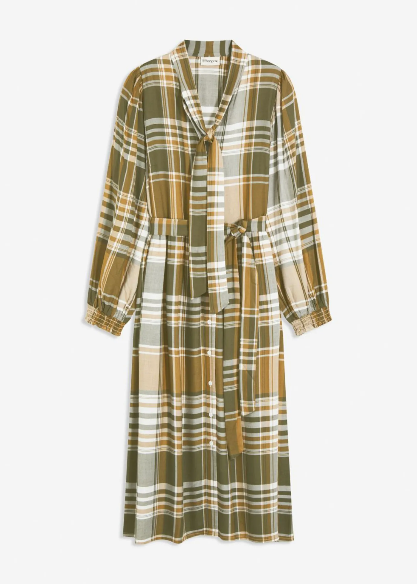 bonprix bonprix Vestido midi con lazo verde oliva mate-verde oliva oscuro-blanco lana a cuadros Best