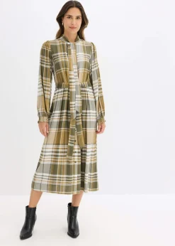 bonprix bonprix Vestido midi con lazo verde oliva mate-verde oliva oscuro-blanco lana a cuadros Best