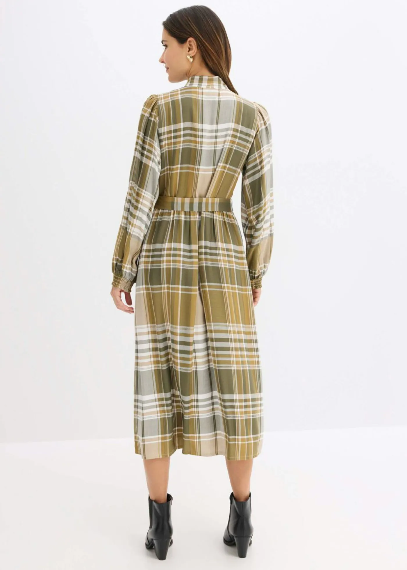 bonprix bonprix Vestido midi con lazo verde oliva mate-verde oliva oscuro-blanco lana a cuadros Best