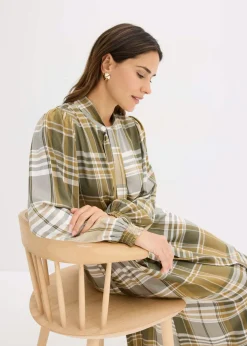 bonprix bonprix Vestido midi con lazo verde oliva mate-verde oliva oscuro-blanco lana a cuadros Best