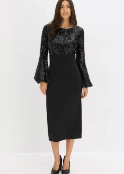 bonprix bonprix Vestido midi con lentejuelas Negro Discount