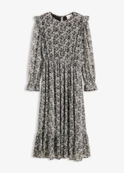 bonprix bonprix Vestido midi con volantes Negro-blanco de flores Online