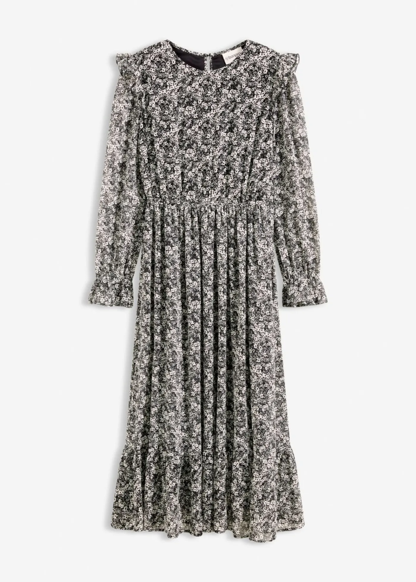 bonprix bonprix Vestido midi con volantes Negro-blanco de flores Online