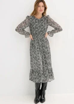 bonprix bonprix Vestido midi con volantes Negro-blanco de flores Online