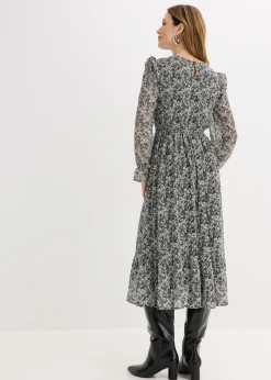bonprix bonprix Vestido midi con volantes Negro-blanco de flores Online