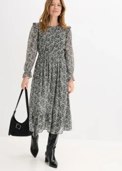 bonprix bonprix Vestido midi con volantes Negro-blanco de flores Online