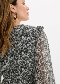 bonprix bonprix Vestido midi con volantes Negro-blanco de flores Online