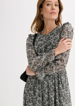 bonprix bonprix Vestido midi con volantes Negro-blanco de flores Online