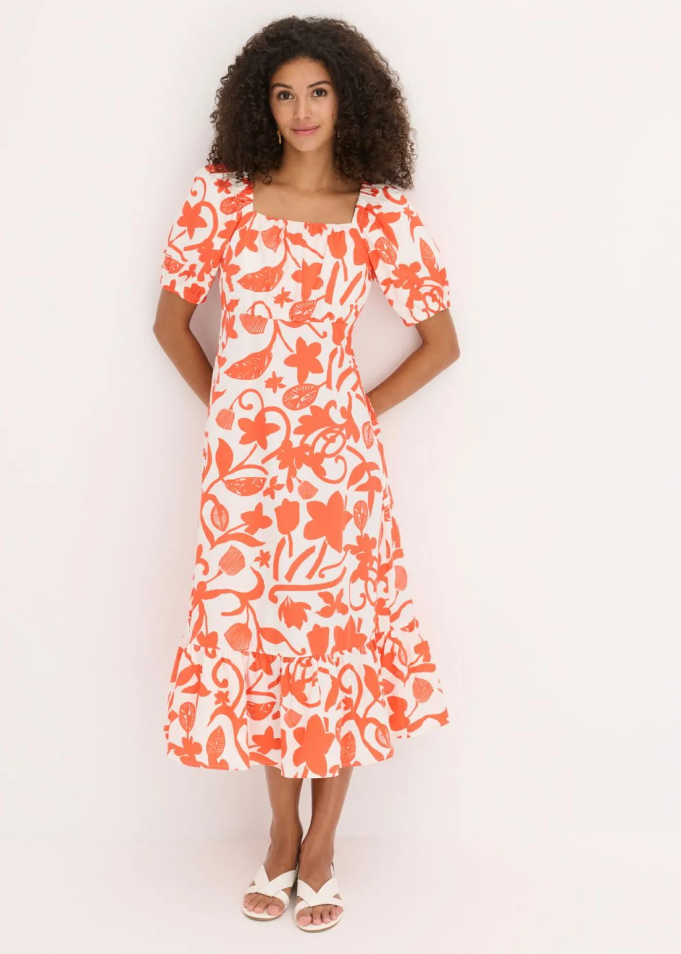 bonprix bonprix Vestido midi de algodón orgánico puro mango-blanco crema