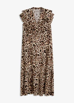 bonprix bonprix Vestido midi de crepé estructurado con volantes estampado leo beige/negro Best