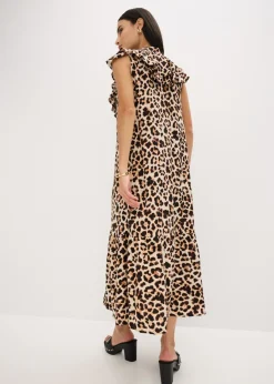bonprix bonprix Vestido midi de crepé estructurado con volantes estampado leo beige/negro Best