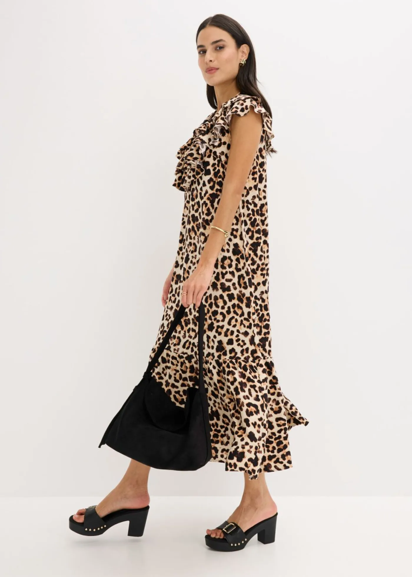 bonprix bonprix Vestido midi de crepé estructurado con volantes estampado leo beige/negro Best