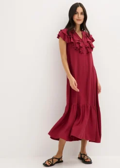 bonprix bonprix Vestido midi de crepé estructurado con volantes Rojo New