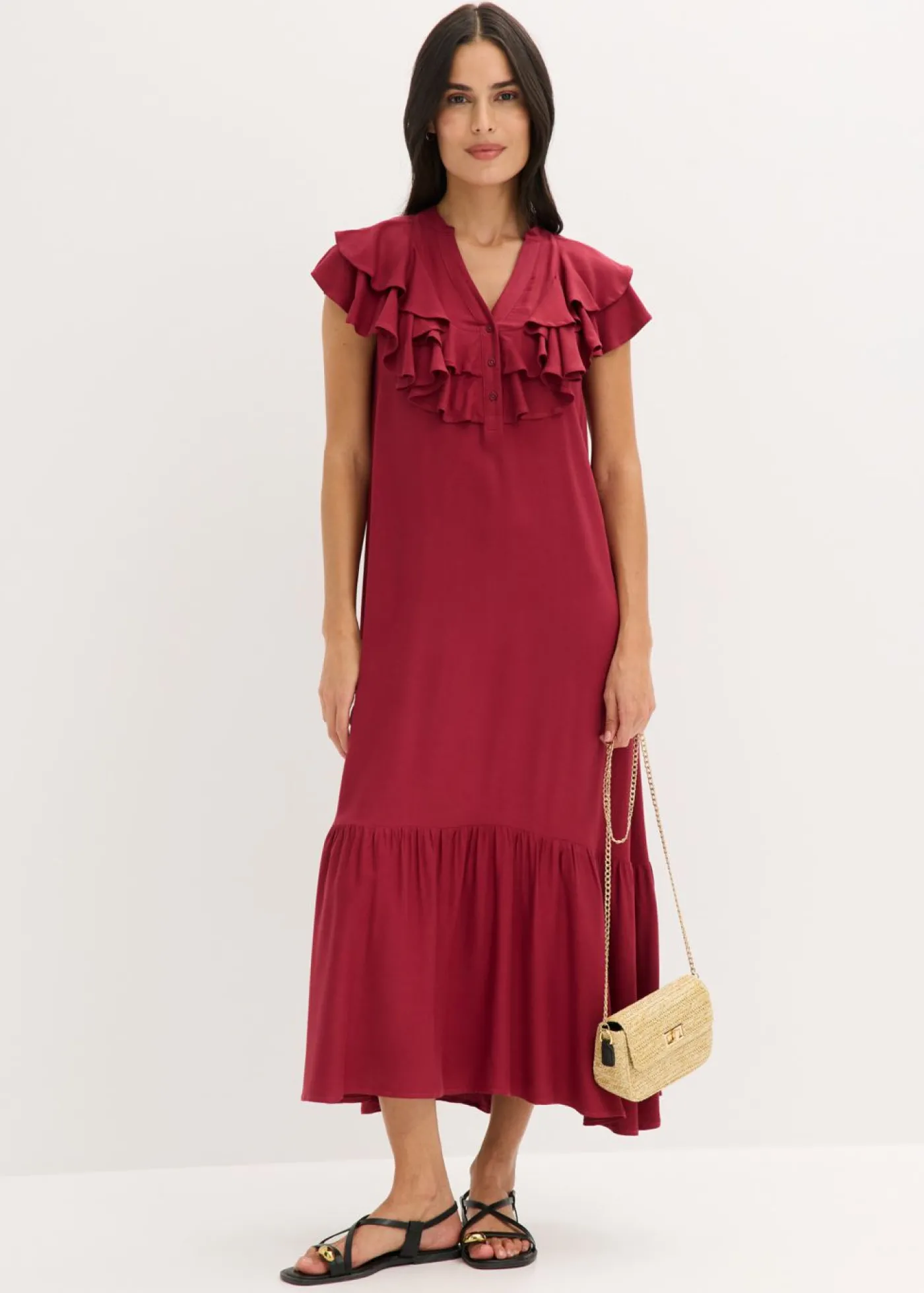 bonprix bonprix Vestido midi de crepé estructurado con volantes Rojo New