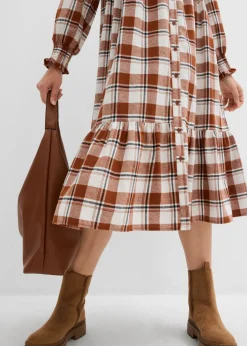 bonprix bonprix Vestido midi de franela marrón ladrillo a cuadros New