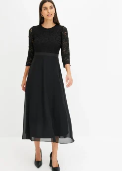 bonprix bonprix Vestido midi de gasa fina con parte superior de encaje Negro Online