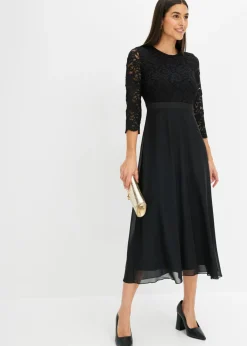 bonprix bonprix Vestido midi de gasa fina con parte superior de encaje Negro Online