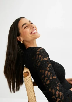 bonprix bonprix Vestido midi de gasa fina con parte superior de encaje Negro Online