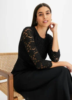 bonprix bonprix Vestido midi de gasa fina con parte superior de encaje Negro Online