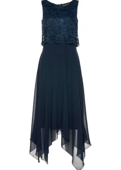 bonprix bonprix Vestido midi de gasa fina con encaje Azul marino Best