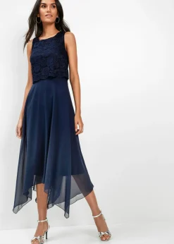 bonprix bonprix Vestido midi de gasa fina con encaje Azul marino Best