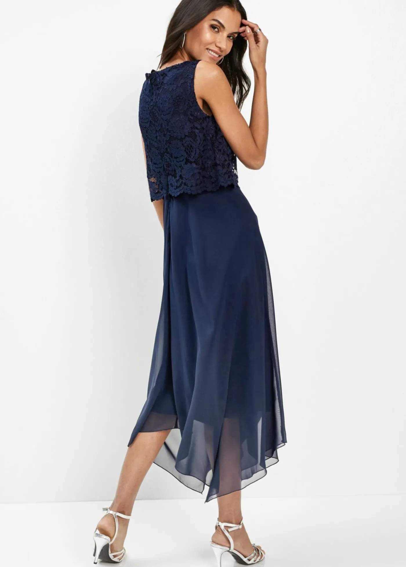 bonprix bonprix Vestido midi de gasa fina con encaje Azul marino Best