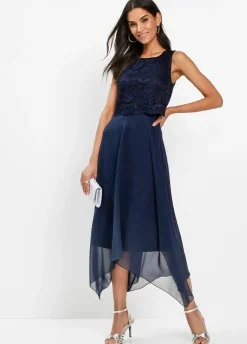 bonprix bonprix Vestido midi de gasa fina con encaje Azul marino Best