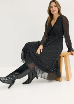 bonprix bonprix Vestido midi de malla negro - blanco topos Hot