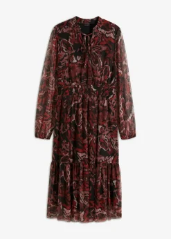 bonprix bonprix Vestido midi de malla Negro-rojo Discount