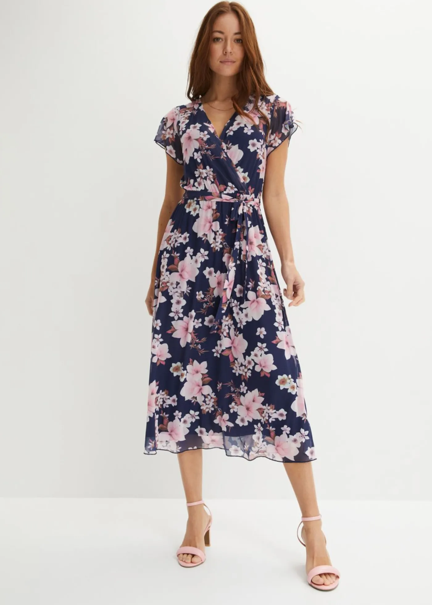 bonprix bonprix Vestido midi de malla estampado azul marino con flores
