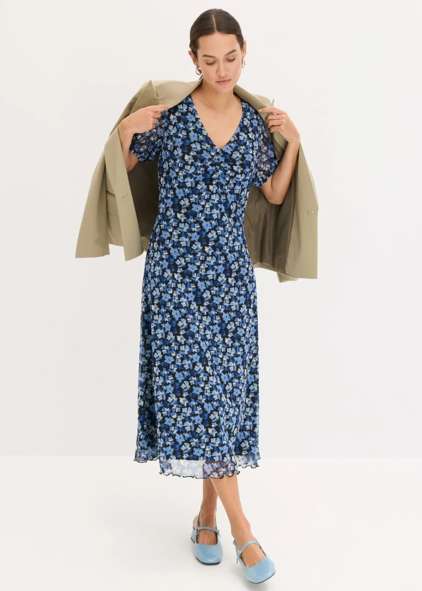 bonprix bonprix Vestido midi de malla estampado Azul con flores Discount