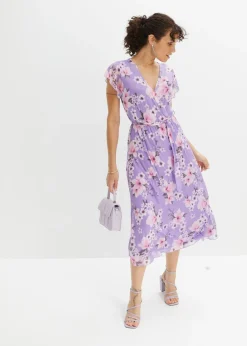 bonprix bonprix Vestido midi de malla estampado púrpura con flores Online