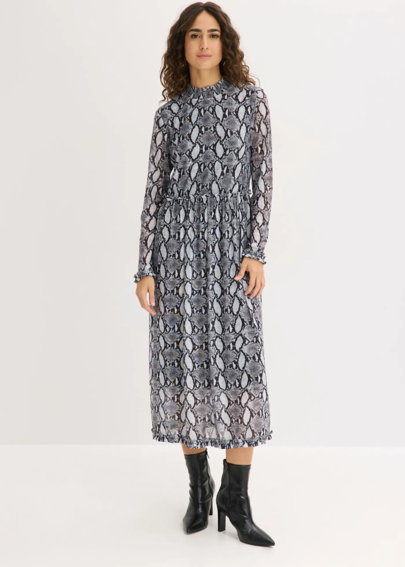 bonprix bonprix Vestido midi de malla suave Negro-blanco con estampado de serpiente Best