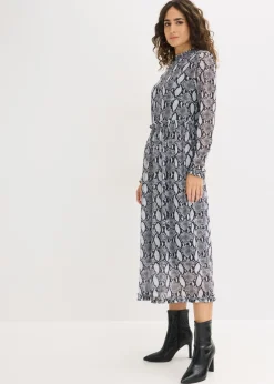 bonprix bonprix Vestido midi de malla suave Negro-blanco con estampado de serpiente Best