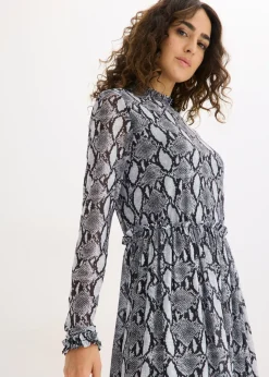 bonprix bonprix Vestido midi de malla suave Negro-blanco con estampado de serpiente Best