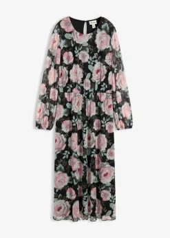 bonprix bonprix Vestido midi de malla suave Negro de flores New