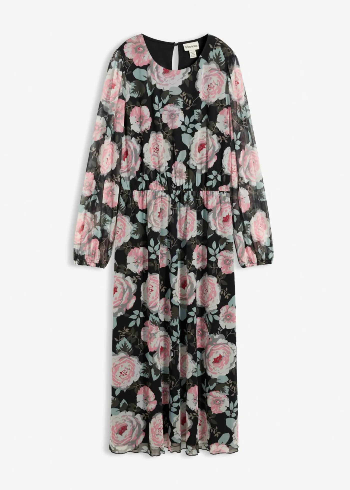 bonprix bonprix Vestido midi de malla suave Negro de flores New