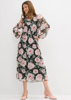 bonprix bonprix Vestido midi de malla suave Negro de flores New